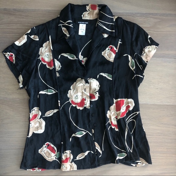 Jones New York 100% silk black floral top collared short sleeve size 10 - Picture 2 of 6